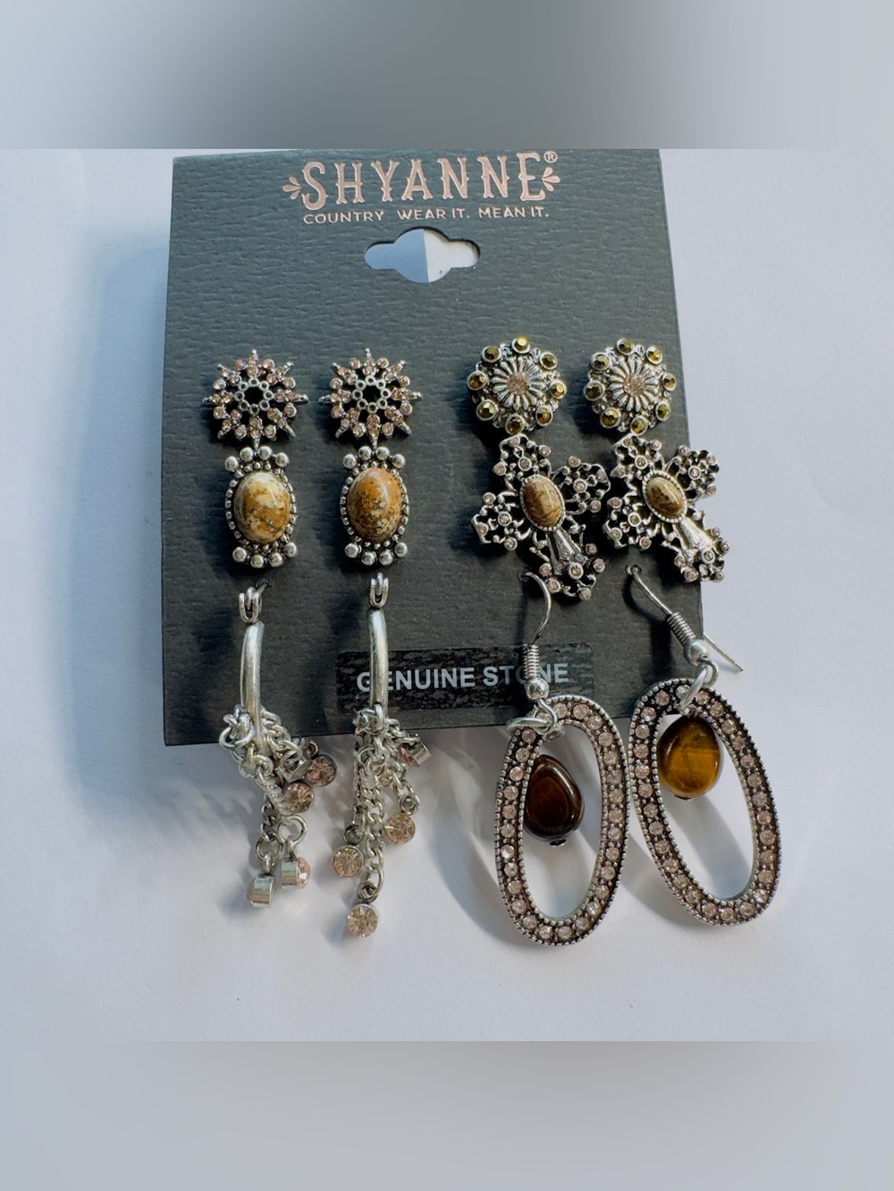 Shyanne Silver-Tone Earrings Set with Brown Stone Accents - 6 Pairs